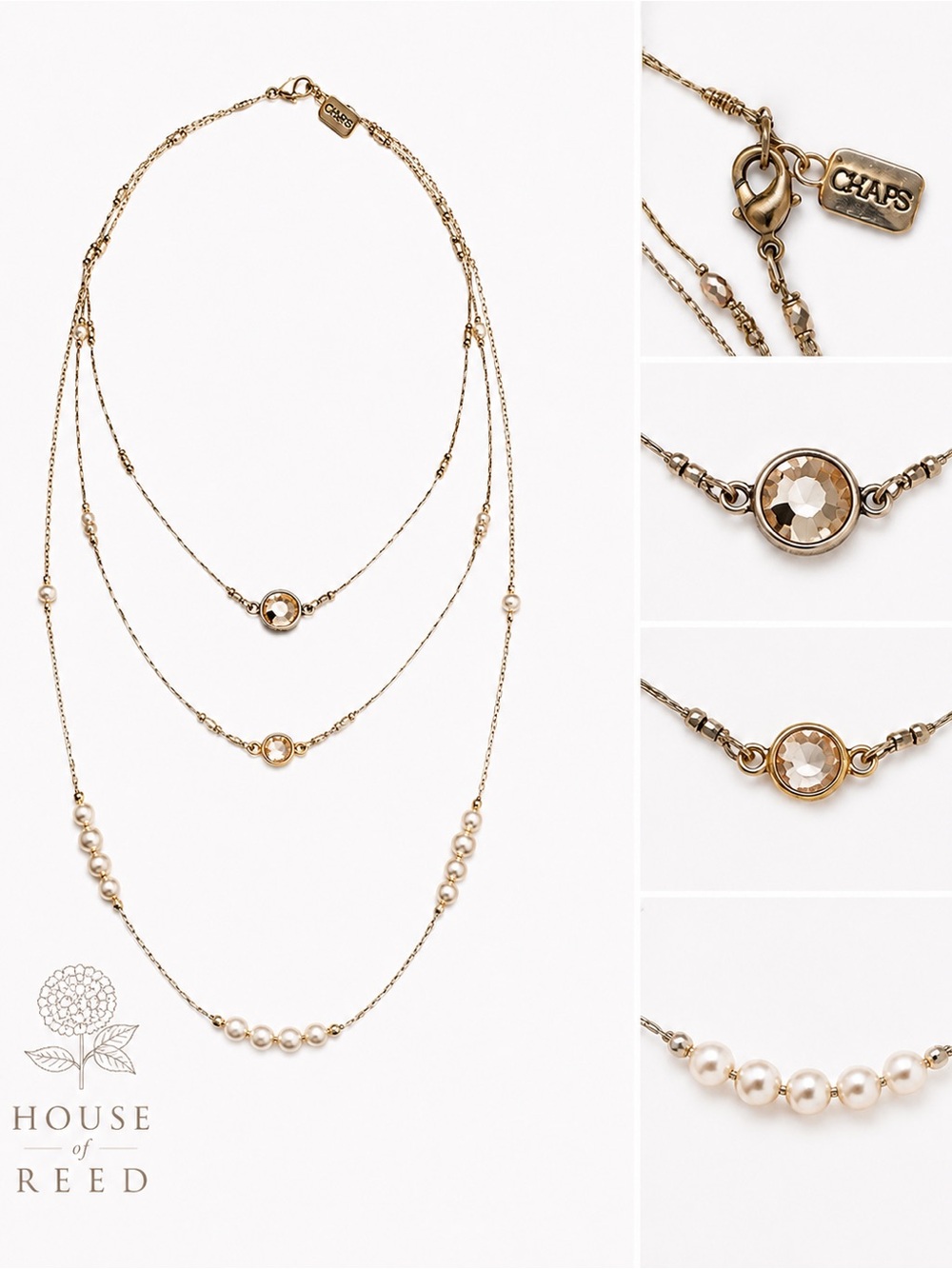 Chaps Gold Tone Layered Necklace w/ Faux Pearls & Crystal Stations Delicate Boho